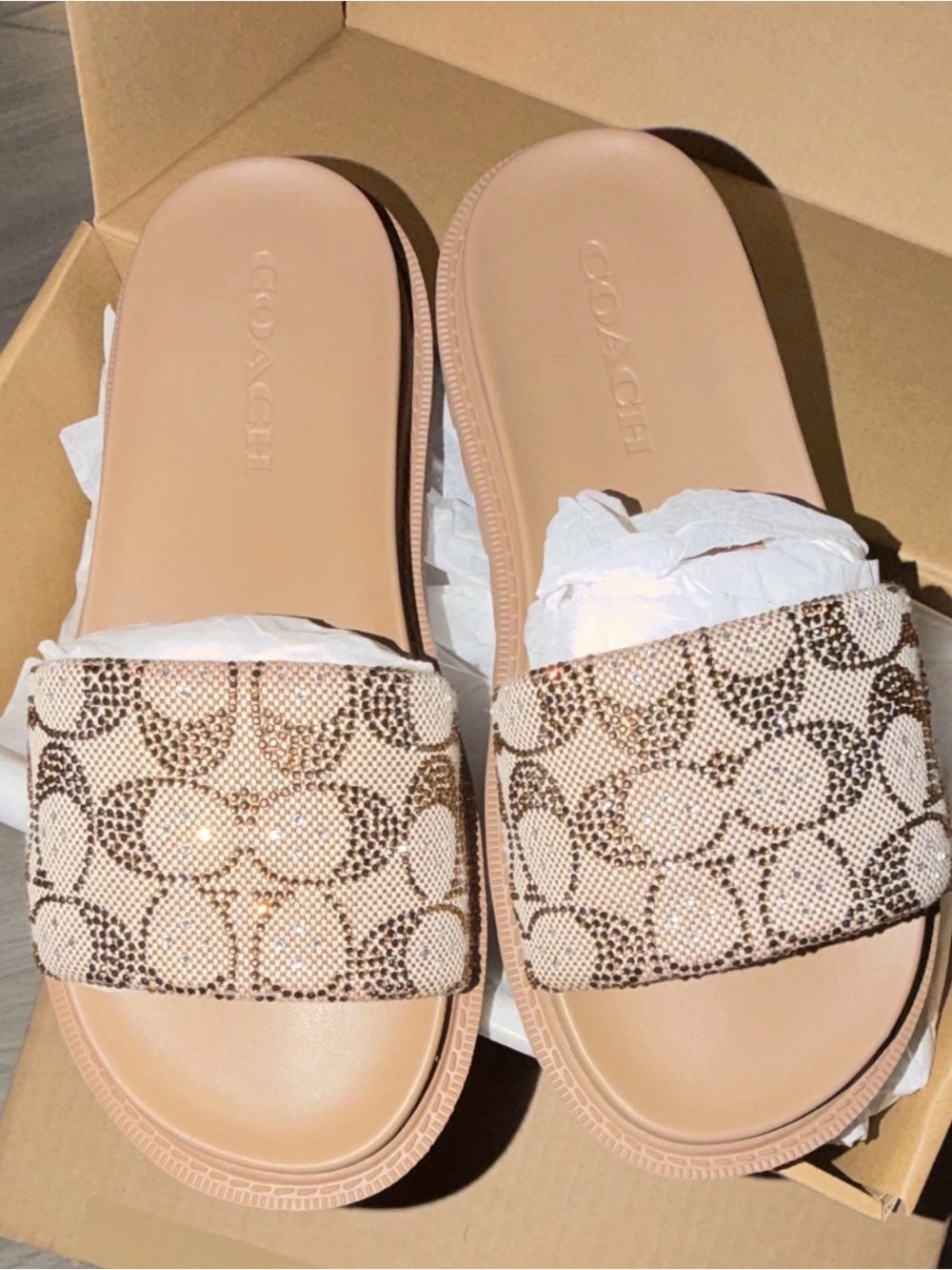 Coach Tan/Beige Signature Canvas Slide Sandals